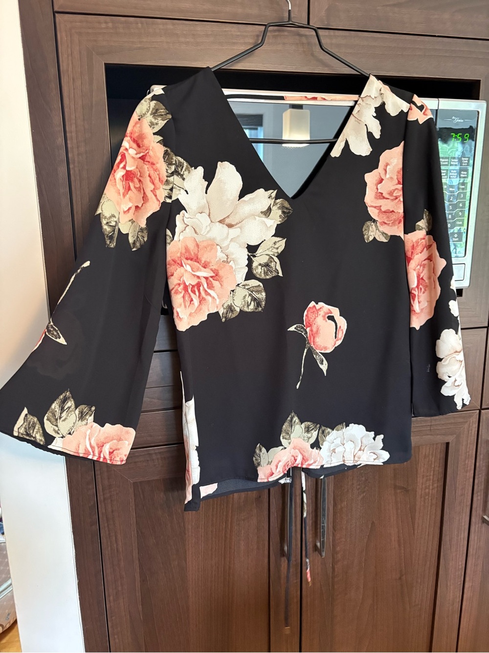Dynamite Black V-Neck Bell Sleeve Floral Blouse with Pink Blooms